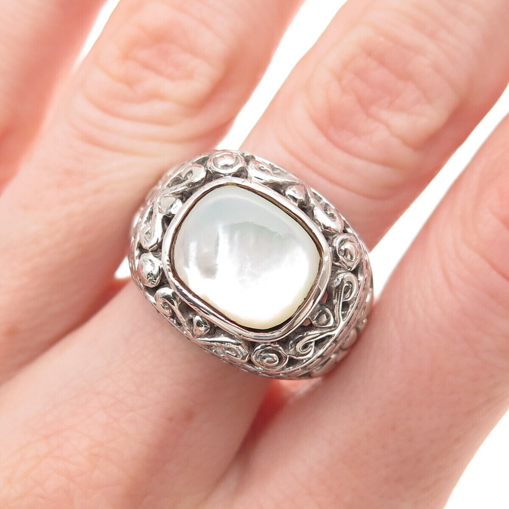 925 Sterling Silver Vintage Real MOP Floral Oxidized Ring Size 10.25